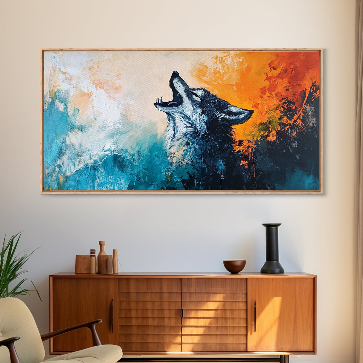 Howling Wolf Art, Framed Canvas Print, Southwest Wall Art, Moody Art, Rustic Decor, Extra Wide Art, Above Couch Art, Wildlife Painting