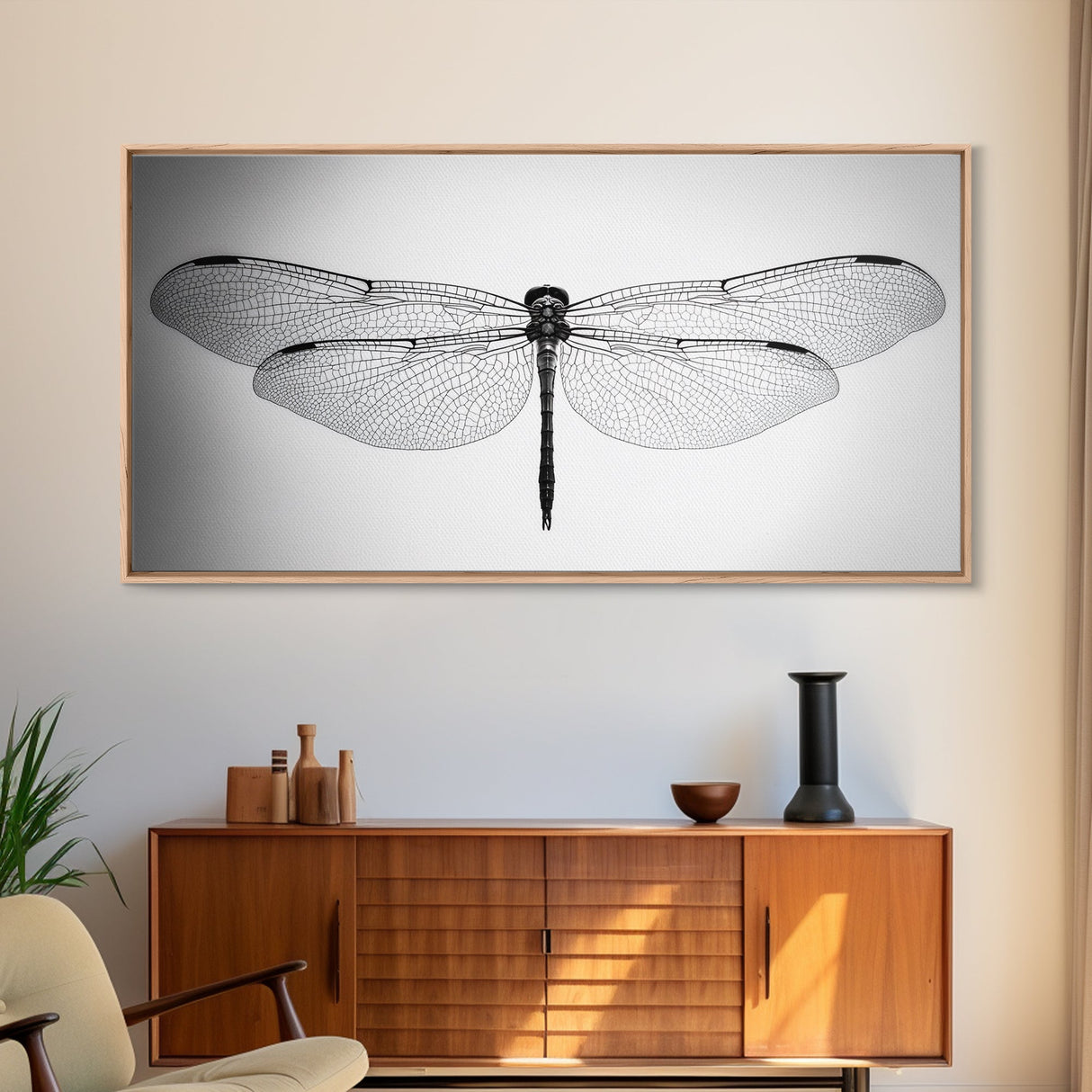 Dragonfly, line art, minimalist art, black and white art, nature painting, botanical prints, extra wide art, framed canvas print