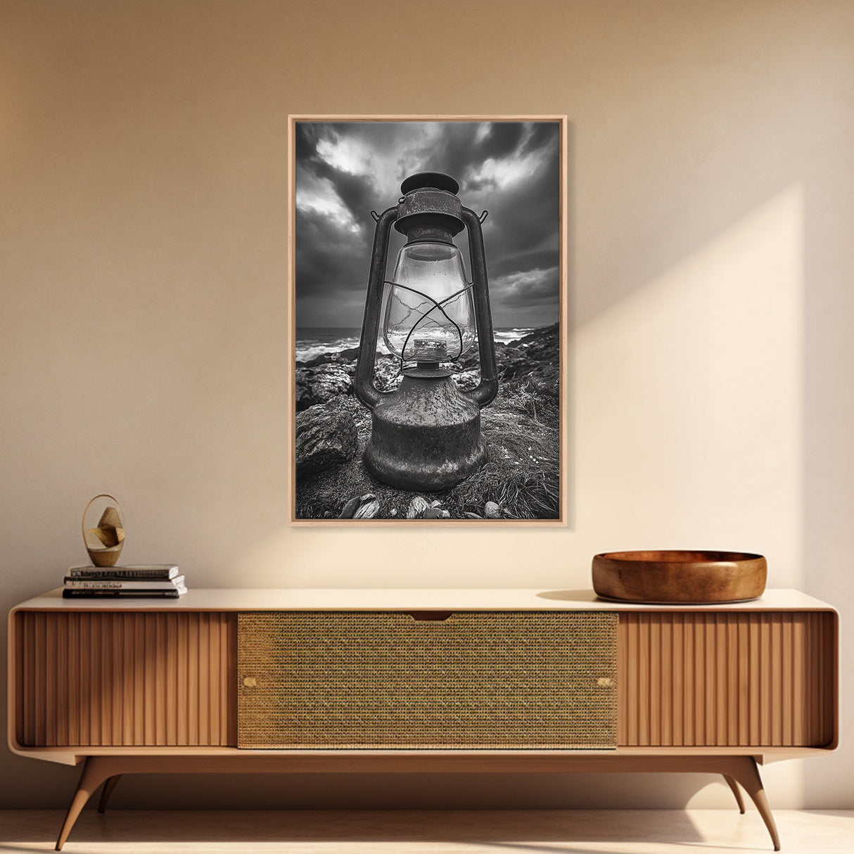 Stormy Lantern by the Sea, nautical decor, moody art, seascape painting, coastal painting, rustic wall art, framed canvas print