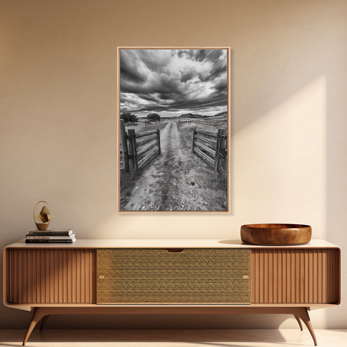 Open Ranch Gate, southwest wall art, moody art, western home decor, rustic art, farmhouse painting, framed canvas print, cowboy aesthetic