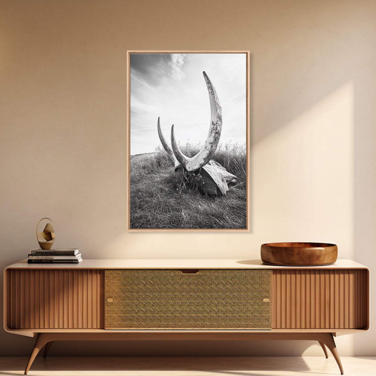 Large horns, rustic skull, bull and bear art, moody wall art, desert decor, cowboy aesthetic, framed canvas print, minimalist art