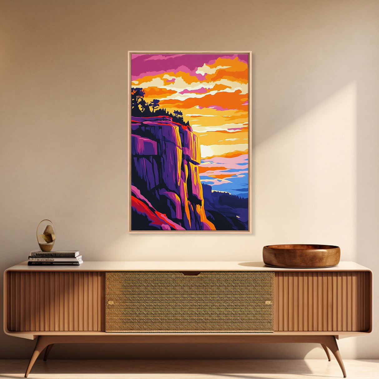 Mountain Cliffs, Southwest Sunset, Canyon Painting, Framed Canvas Print, Pink Orange Wall Art, Joshua Tree Art, Panoramic Art
