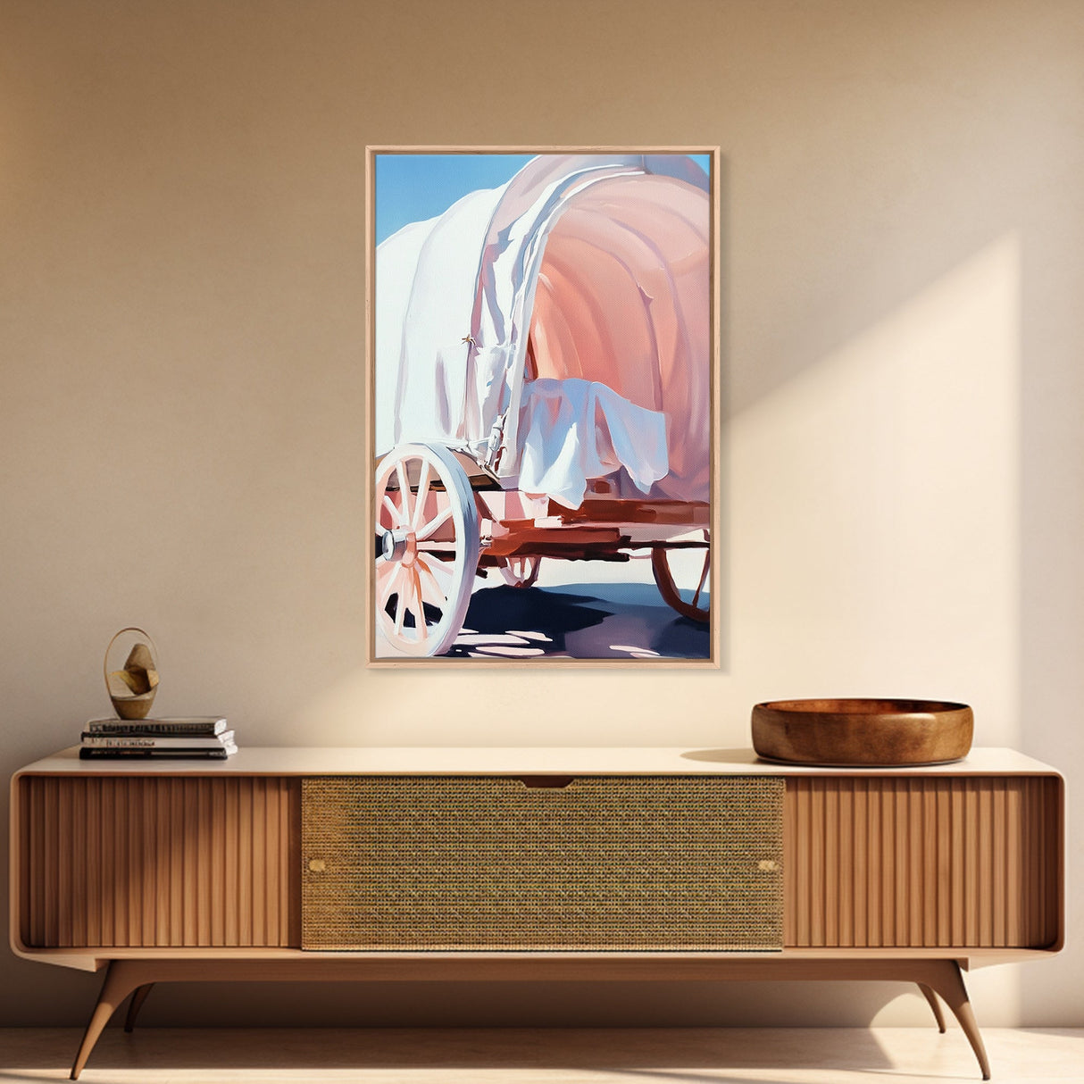 Rustic Wagon, pink abstract art, light pink wall art, vintage horse art, farmhouse art, rustic wall art, framed canvas print, gift idea