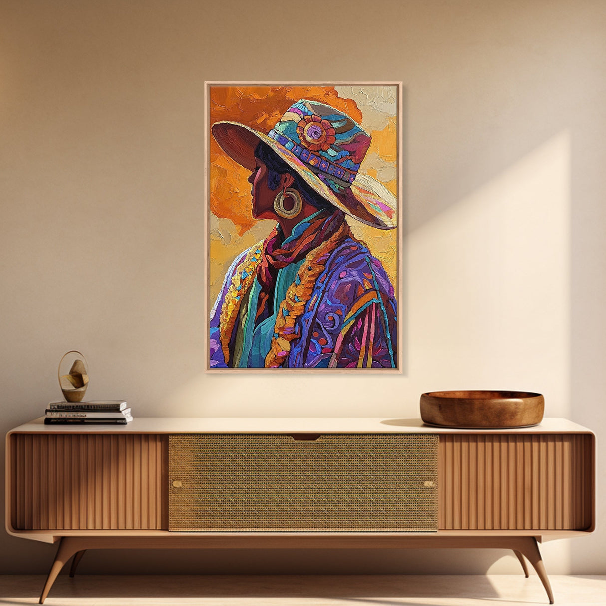 Boho Cowgirl, goddess art print, chicano art, vibrant western painting, colorful fashion art, afrocentric wall art, canvas print, unique decor