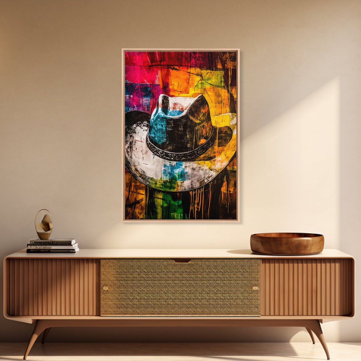 Western Cowboy Hat, rustic decor, graffiti wall art, vibrant color art, framed canvas print, southwest wall art, moody art
