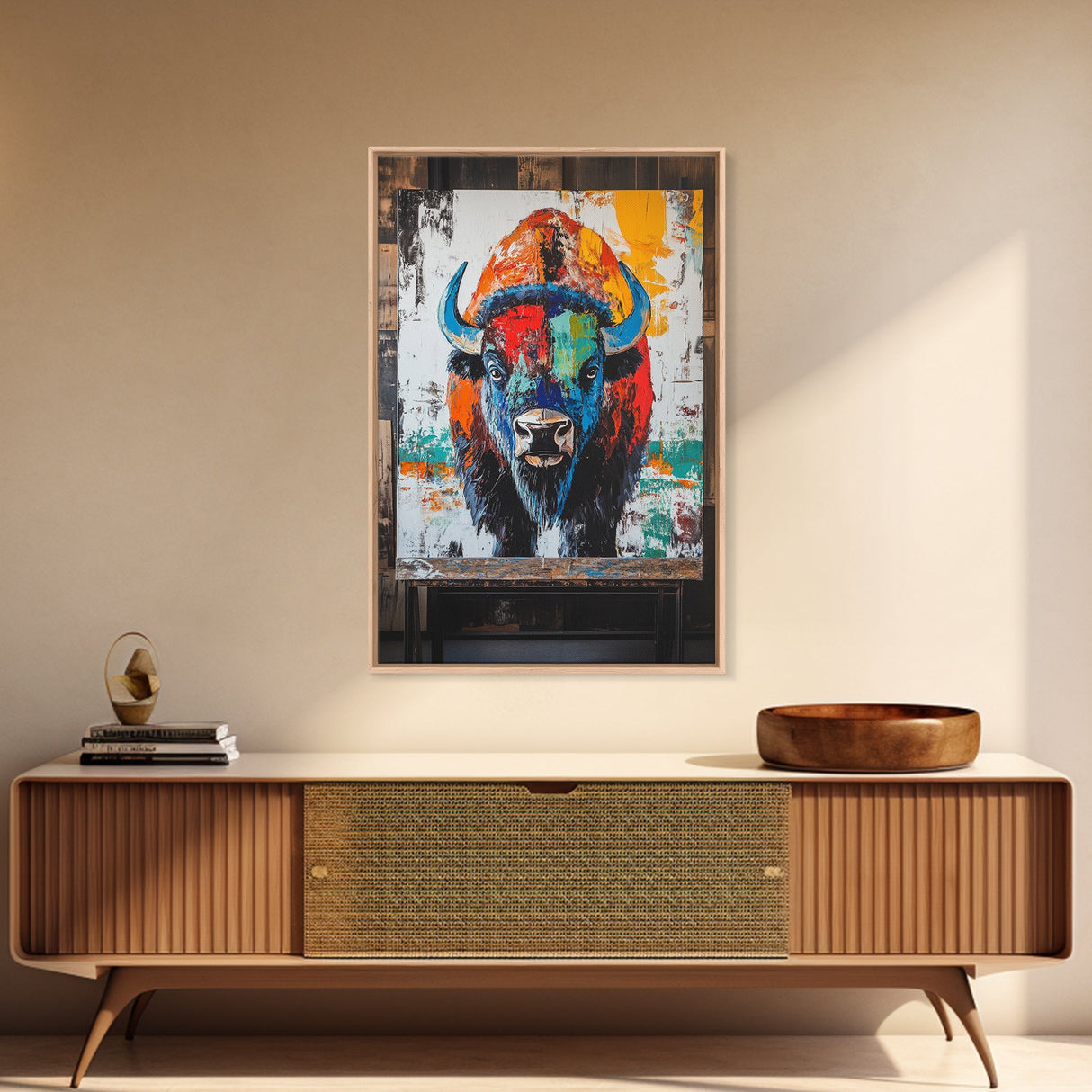 Abstract Bison, Graffiti Wall Art, Bold Colors, Rustic Wall Art, Framed Canvas Print, Farmhouse Art, Southwest Decor, Western Art