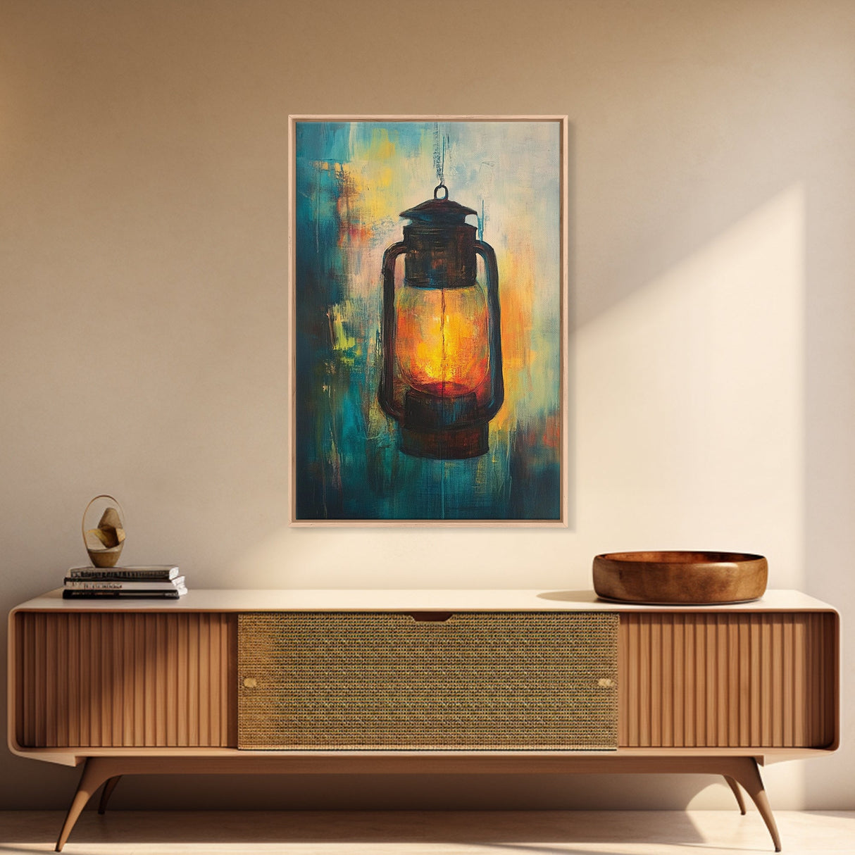 Lantern Glow, moody art, rustic decor, farmhouse art, warm light painting, southwest wall art, wabi sabi art, Framed Canvas Print