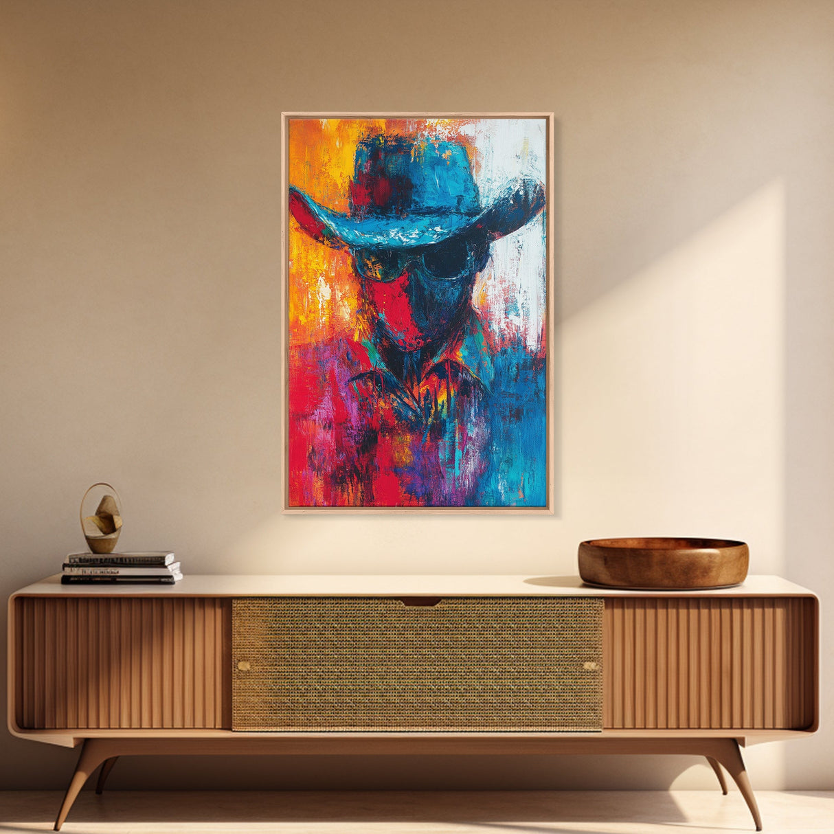 Abstract Cowboy Portrait, southwest wall art, rustic art, boho art, western art, lofi art, framed canvas print, gift idea for him