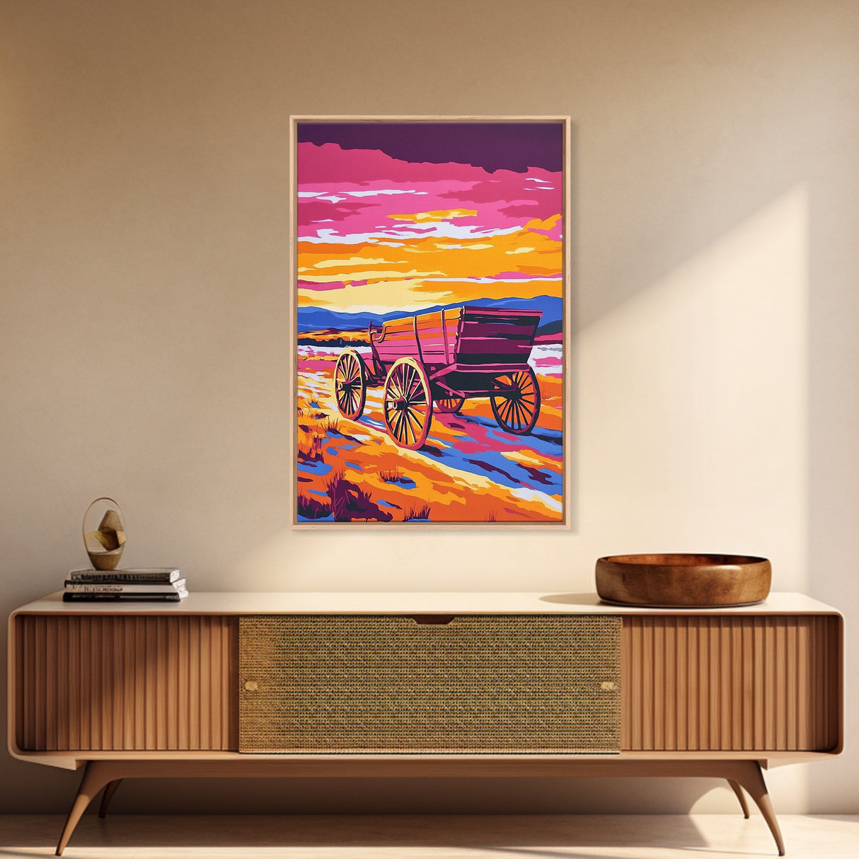Sunset Wagon Art, pink orange wall art, Joshua tree art, rustic wall art, warm tones painting, framed canvas print, gift idea, extra wide art