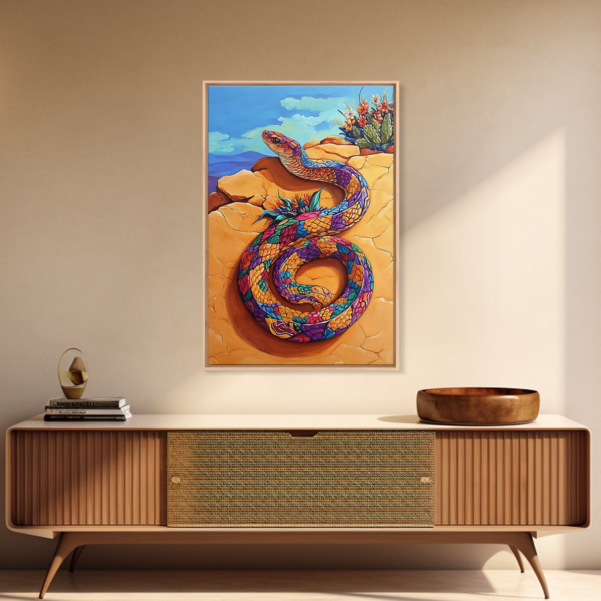Coiled Snake, Vibrant Snake Art, Desert Landscape, Wildlife Art, Southwest Wall Art, Unique Decor, Framed Canvas Print