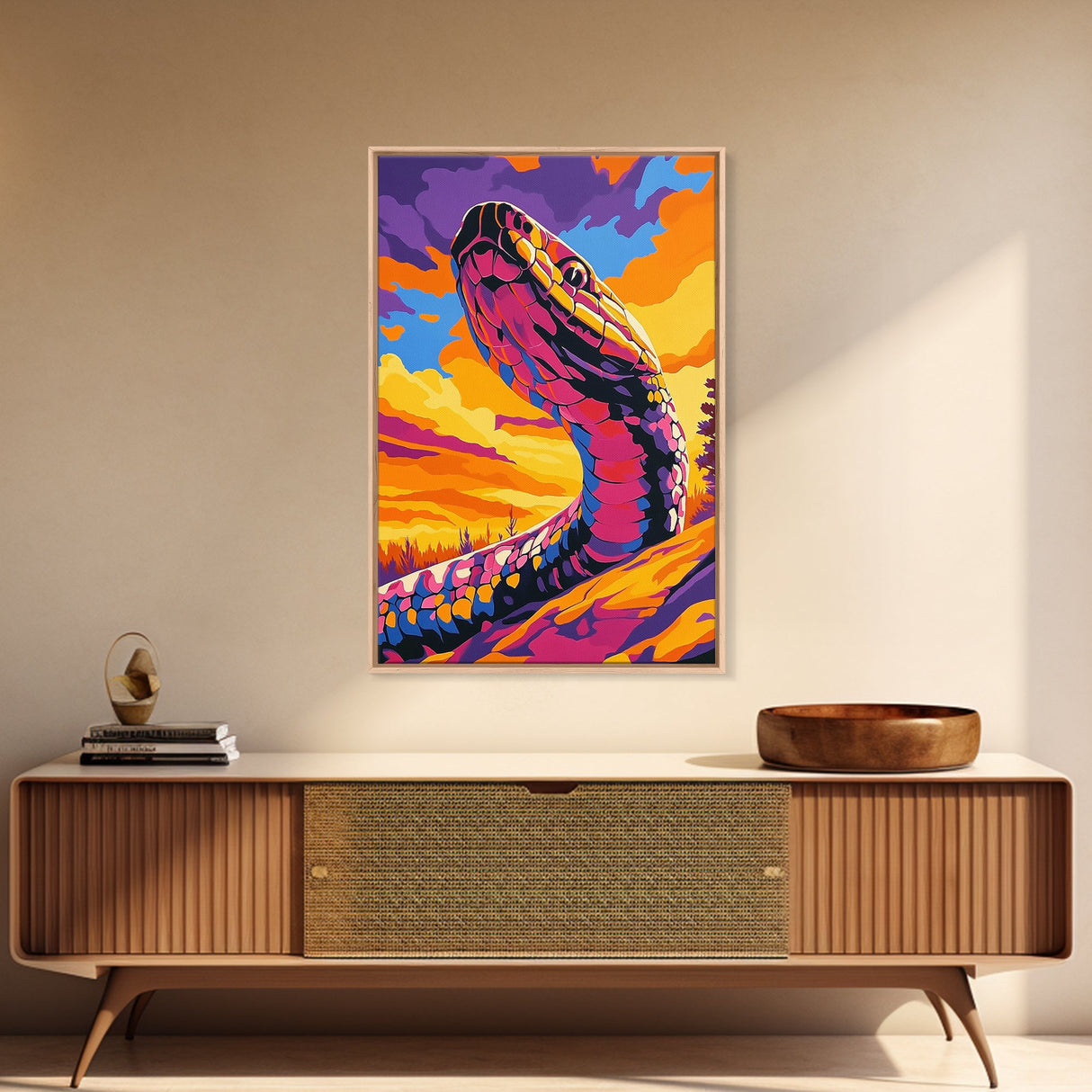 Desert Serpent, Colorful Snake Art, Southwest Wall Art, Boho Home Decor, Wildlife Painting, Framed Canvas Print, Rustic Art