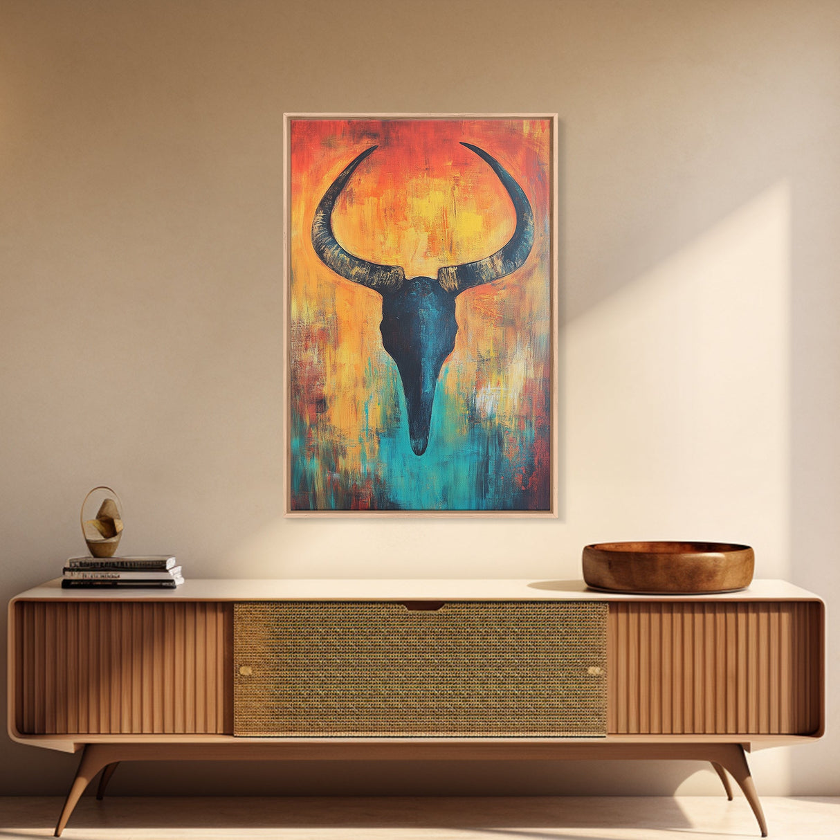 Bull skull painting, rustic wall art, western wall art, teal wall art, boho art, framed canvas print, farmhouse art, gift idea him