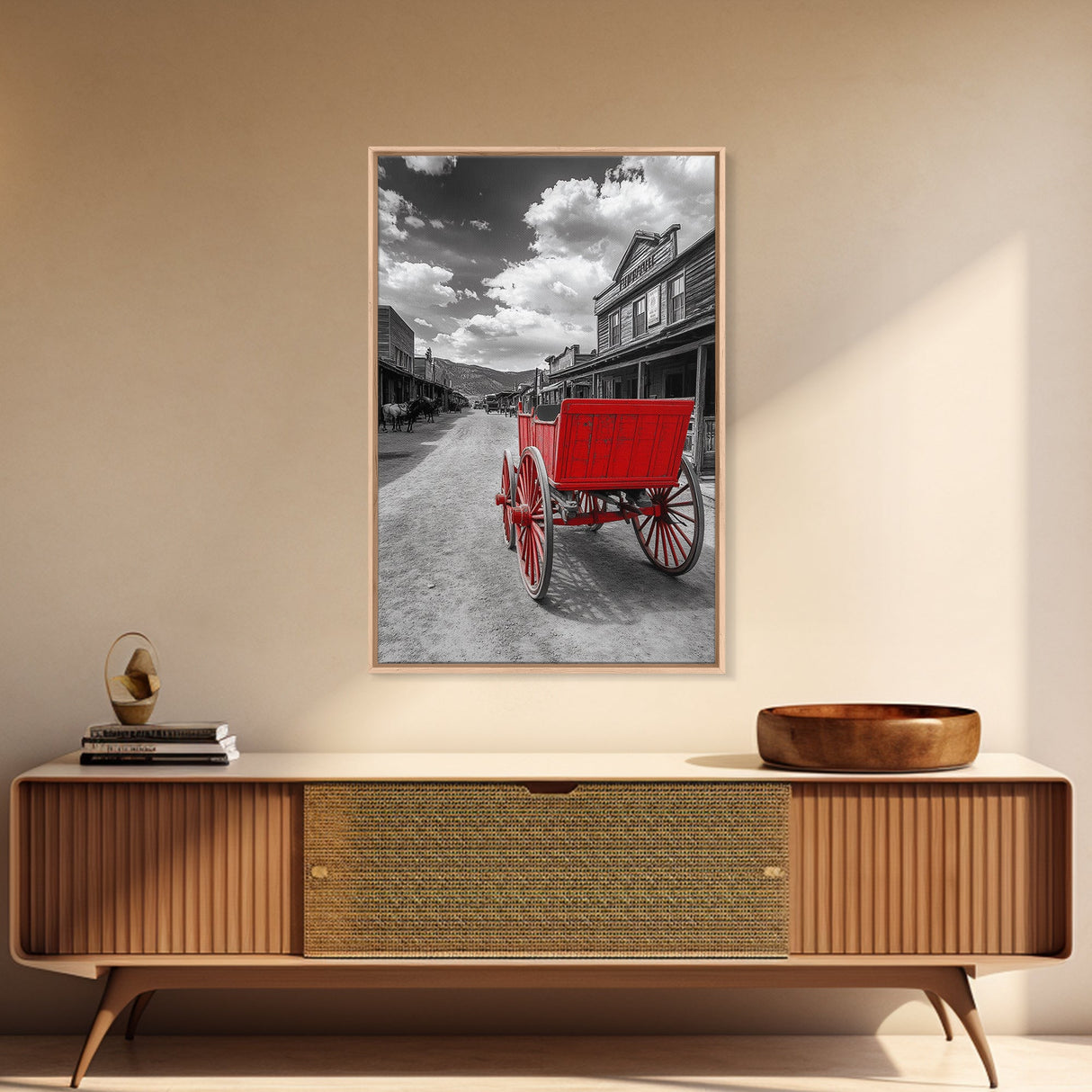 Western Wagon, Rustic Art, Vintage Horse Art, Farmhouse Art, Old West Scene, Panoramic Painting, Canvas Print, Above Couch Art