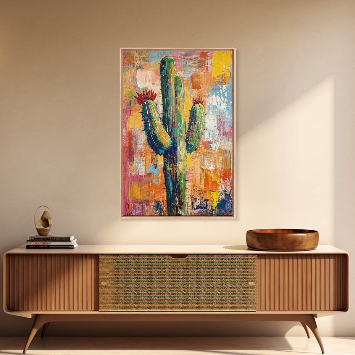 Southwest cactus painting, desert decor, rustic wall art, boho art, framed canvas print, western wall art, gift idea her, botanical prints