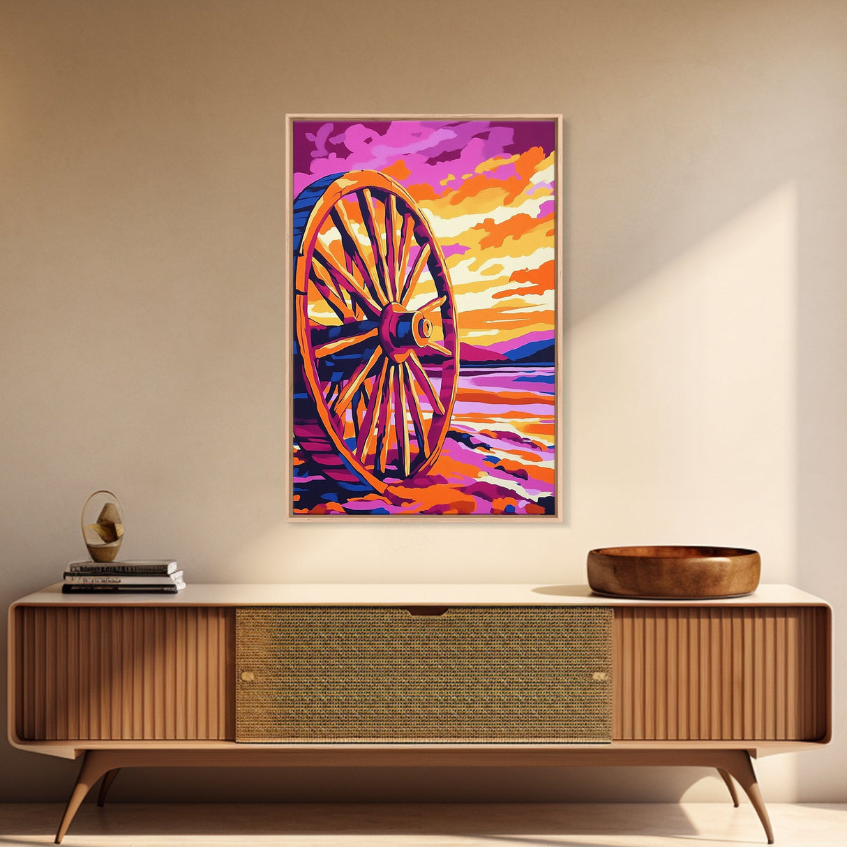 Sunset Wagon Wheel, Bold Color Painting, Southwest Wall Art, Framed Canvas Print, Rustic Decor, Western Aesthetic, Extra Wide Art, Gift Idea