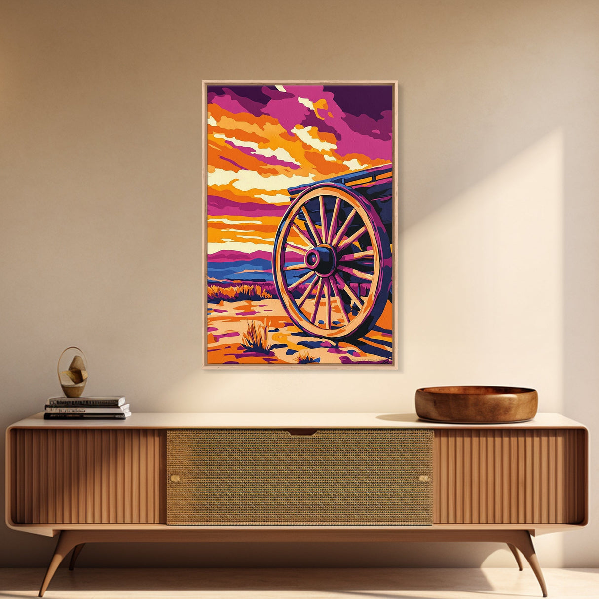 Vibrant Wagon Wheel, Pink Orange Wall Art, Boho Art, Framed Canvas Print, Southwest Aesthetic, Above Sofa Art, Rustic Decor, Gift Idea