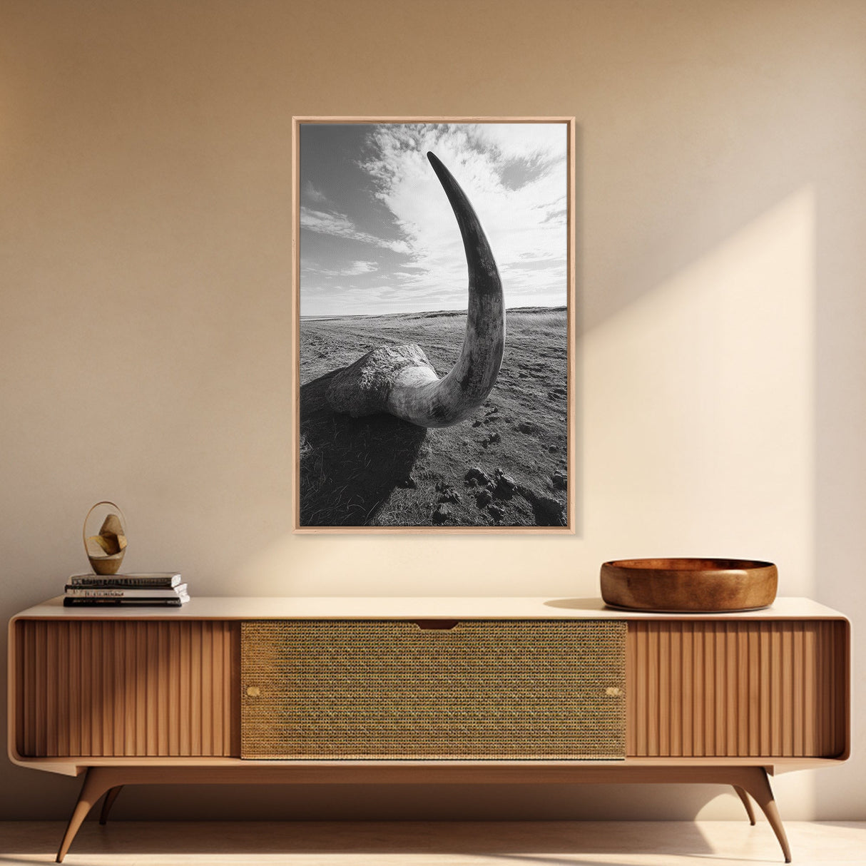 Lone Horn, desert minimalism, rustic western art, wabi sabi decor, moody photography, framed canvas print, black and white, southwest art