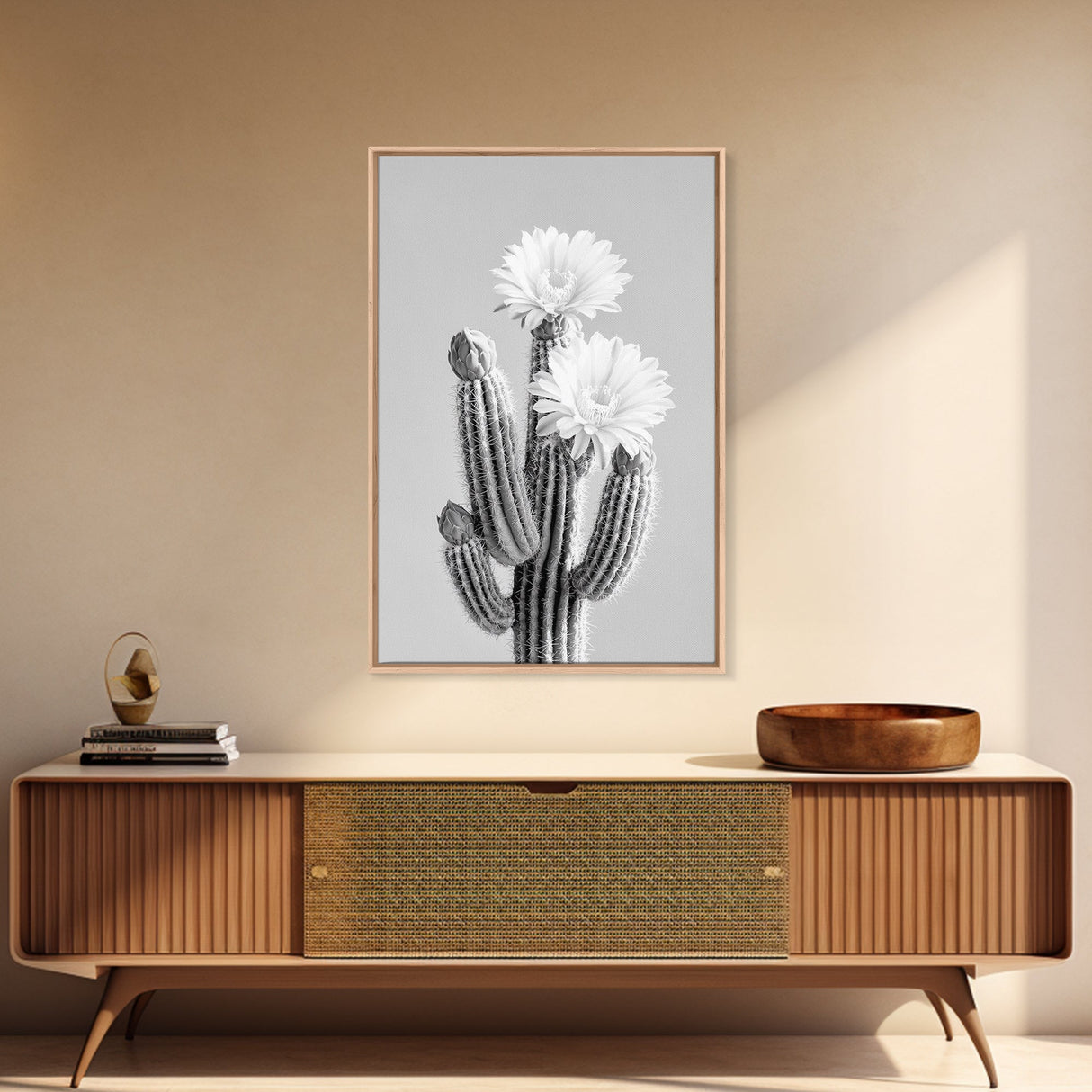 Cactus Bloom, desert botanical, minimalist art, black and white, southwest wall art, framed canvas print, vertical wall art, moody art