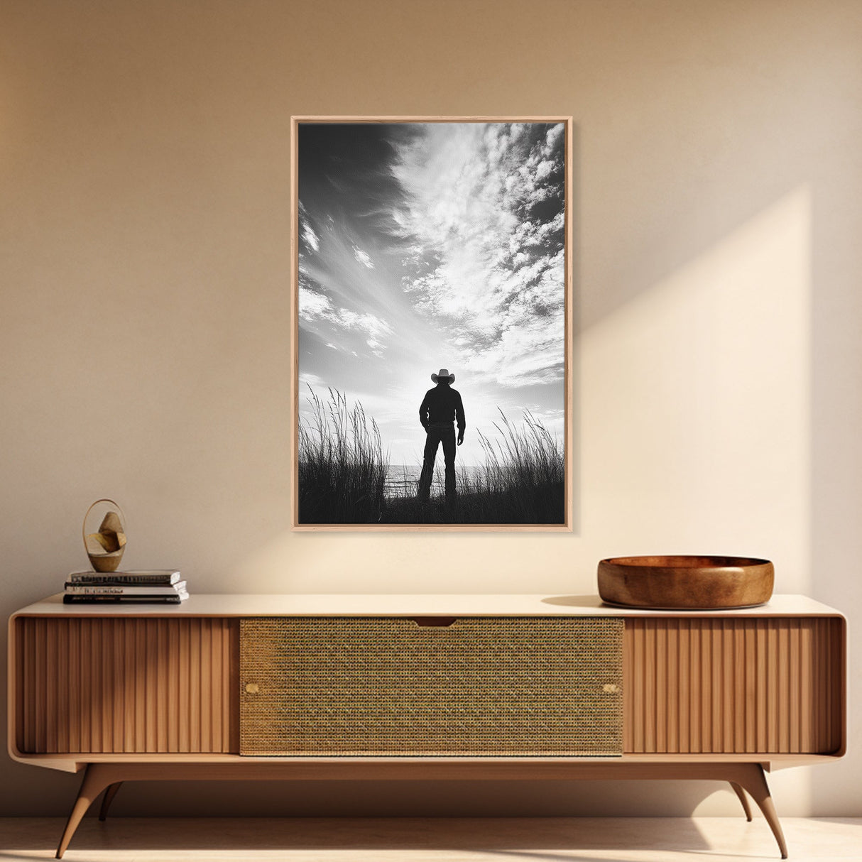 Lone Cowboy, coastal cowgirl wall art, moody art, western art, rustic decor, wabi sabi art, framed canvas print, extra wide art