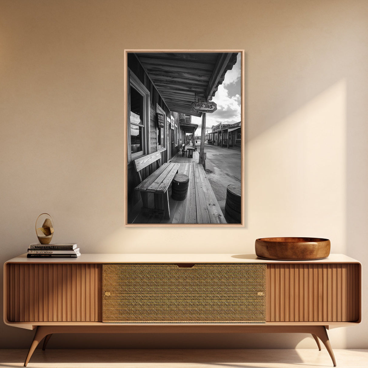 Western town, rustic wall art, farmhouse art, extra wide art, above couch art, cowboy decor, horizontal wall art, framed canvas print