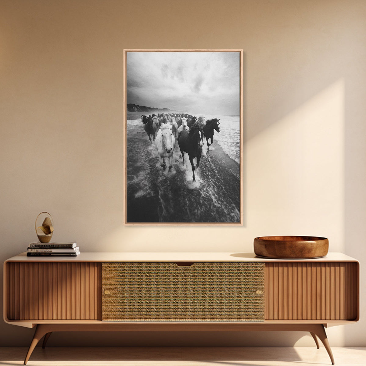 Horse wall art, wild mustangs, moody art, rustic decor, nature photography, black and white art, panoramic art, canvas print, living room art