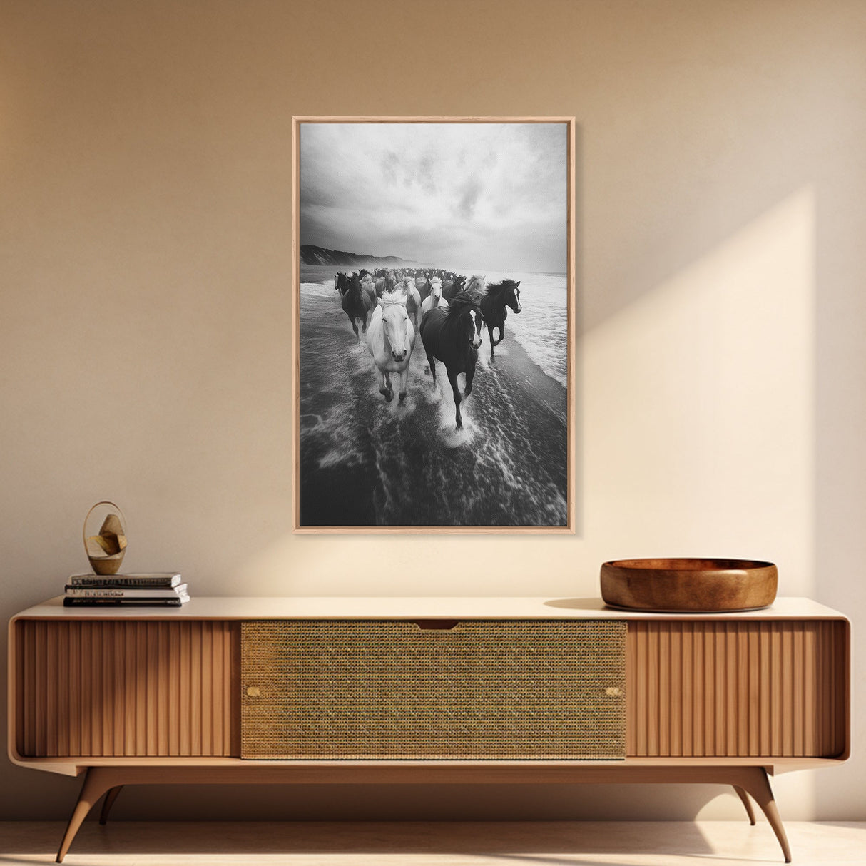 Horse wall art, wild mustangs, moody art, rustic decor, nature photography, black and white art, panoramic art, canvas print, living room art