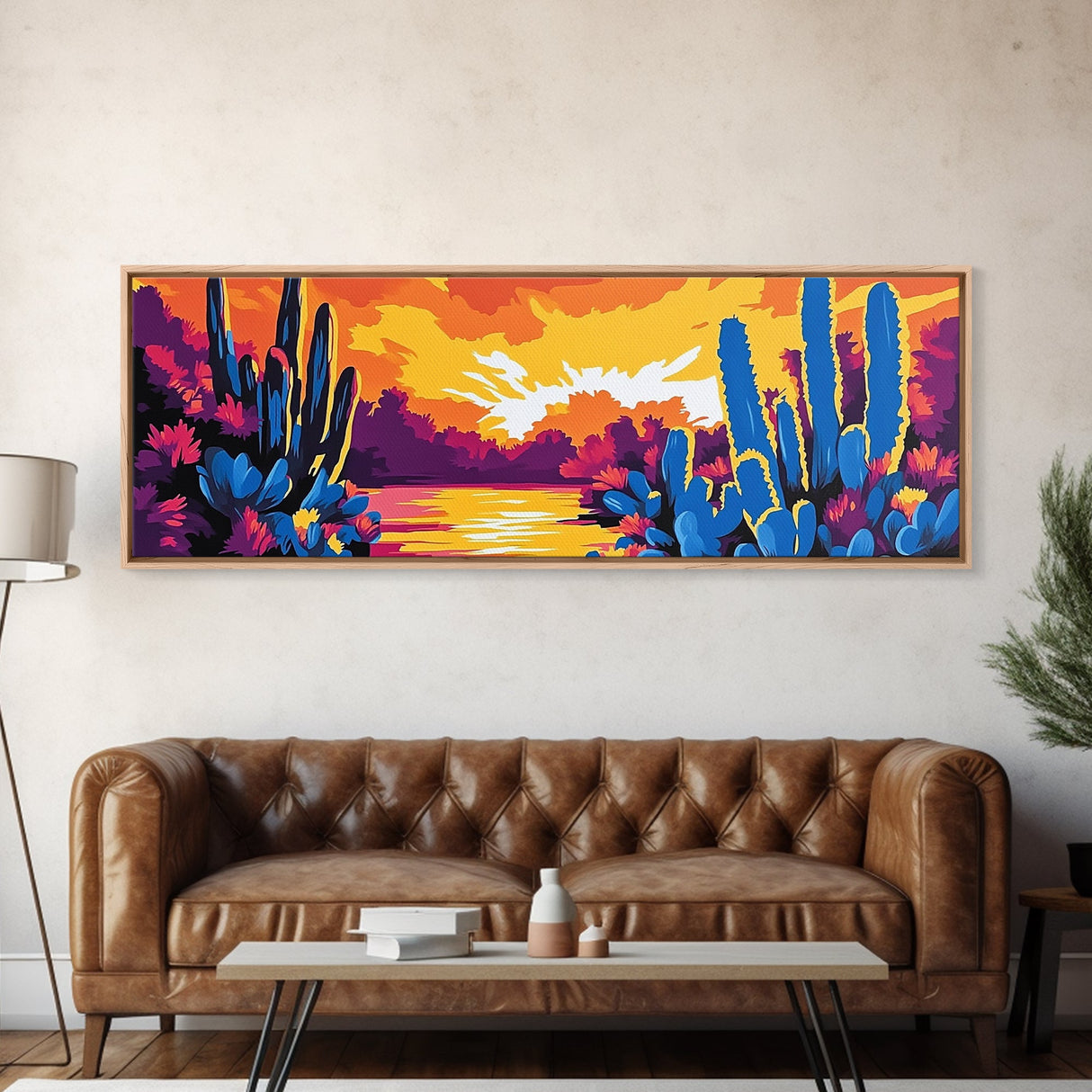 Sunset Desert Cacti, Joshua tree art, southwest wall art, extra wide art, pink orange wall art, minimalist art, Canvas Print