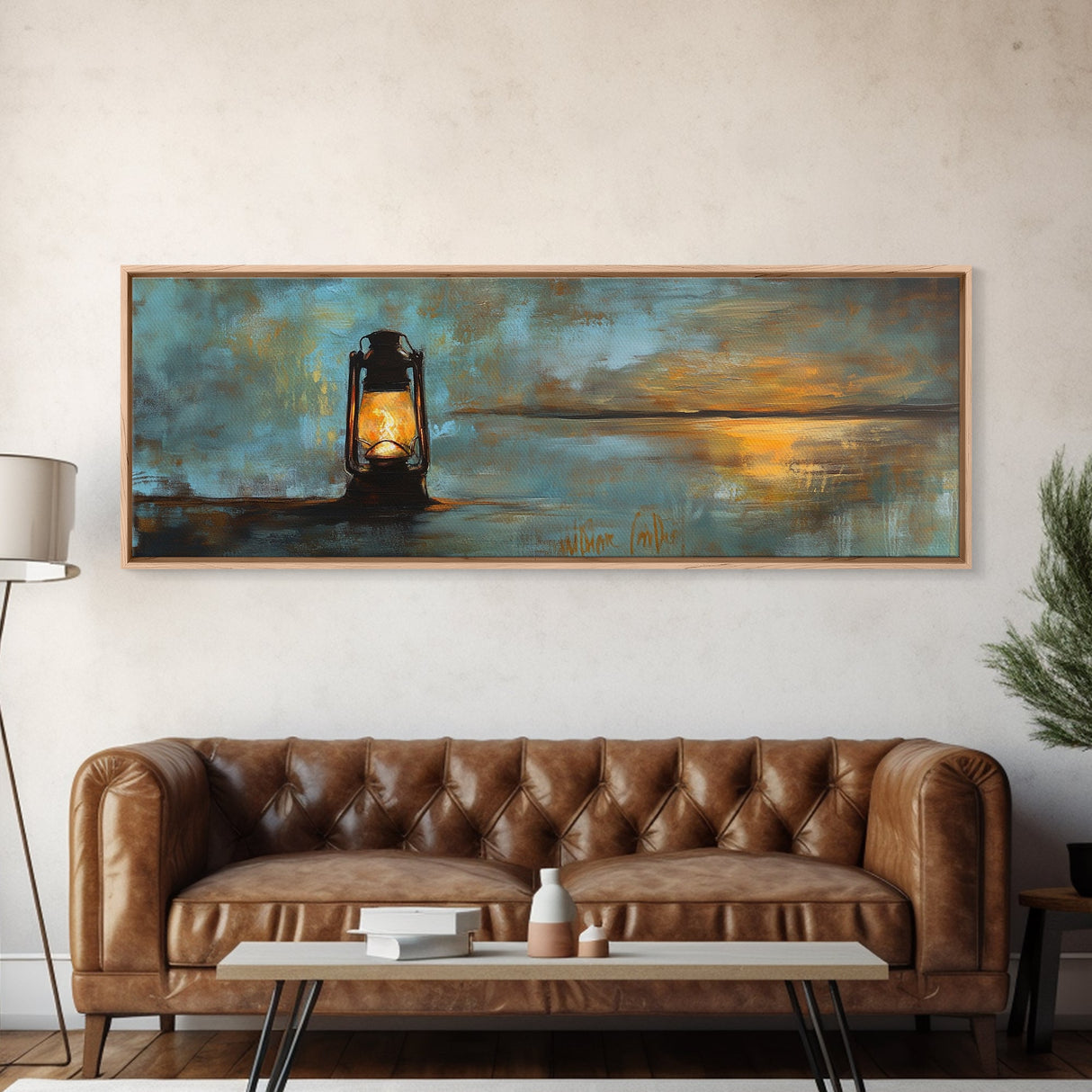Lantern, rustic art, moody art, oil painting, long narrow wall art, extra wide art, above sofa art, Framed Canvas Print