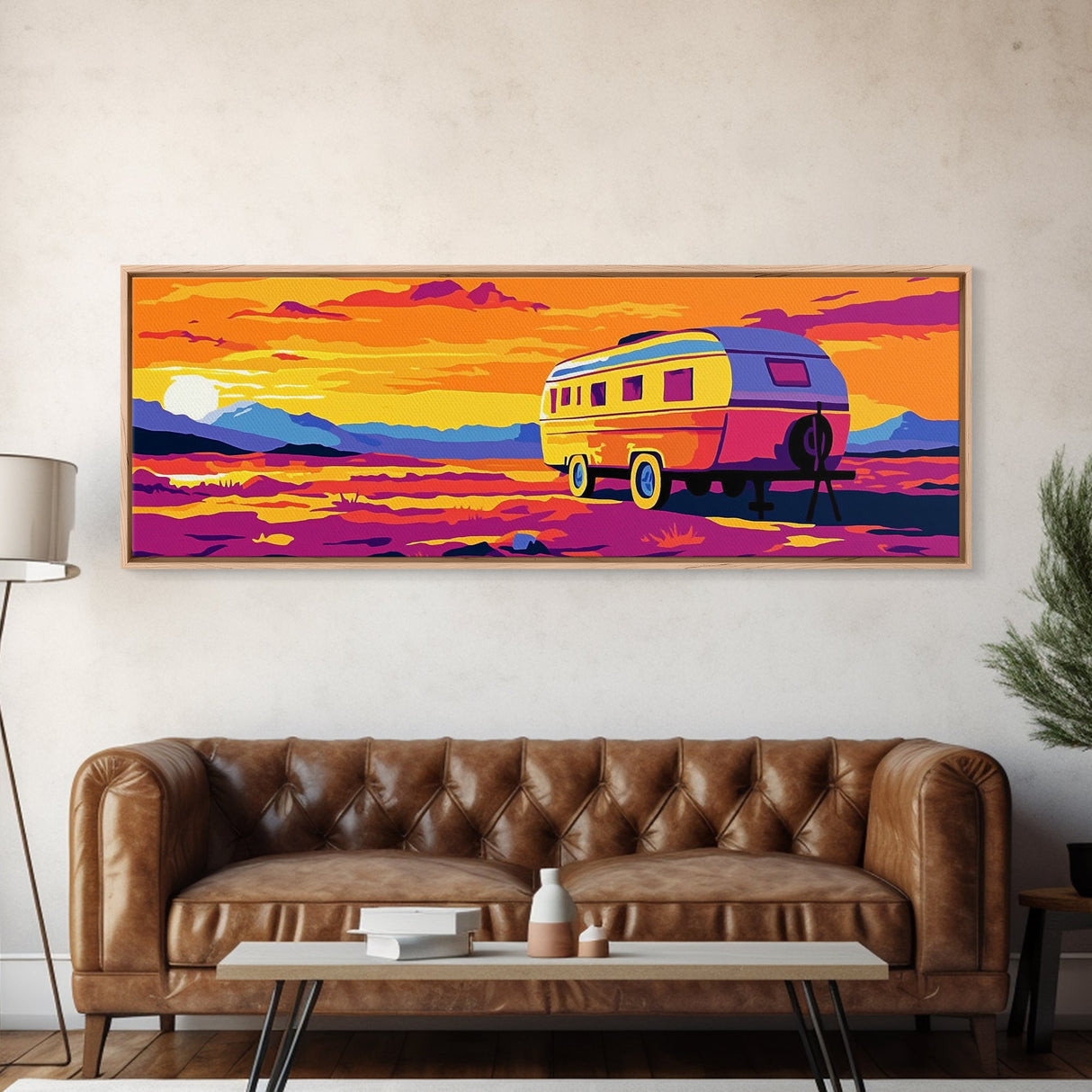 Camper, vintage Christmas, retro art, southwest wall art, extra wide art, gift idea for her, pink orange wall art, Canvas Print