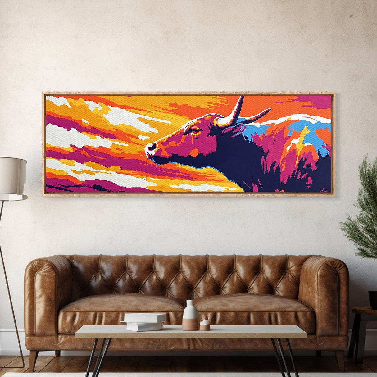 Sunset Bull, bull art, southwest wall art, pink orange wall art, extra wide art, rustic decor, Canvas Print