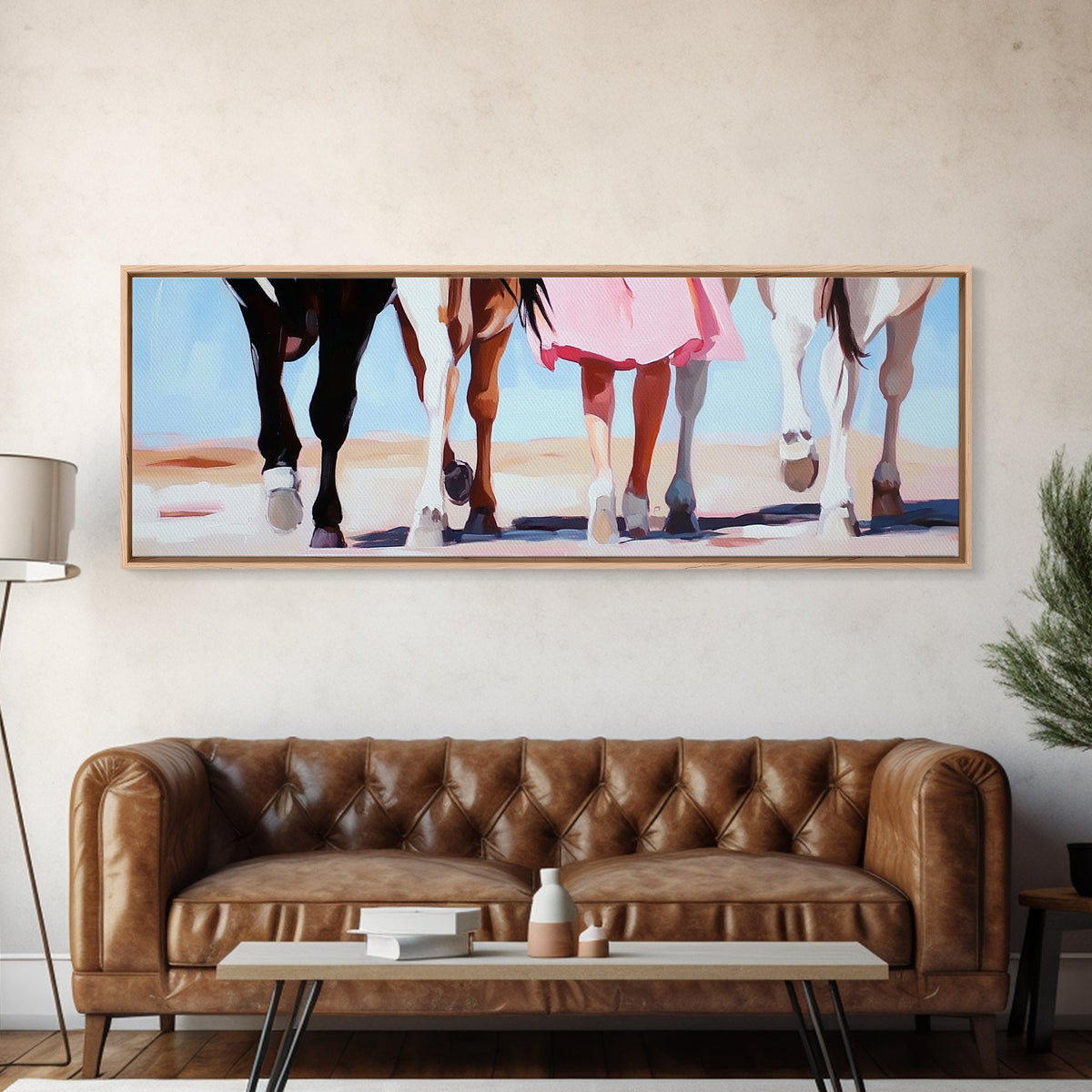 Horse Walk, western art, cowboy painting, rustic decor, extra wide art, panoramic art, framed canvas print, long narrow wall art