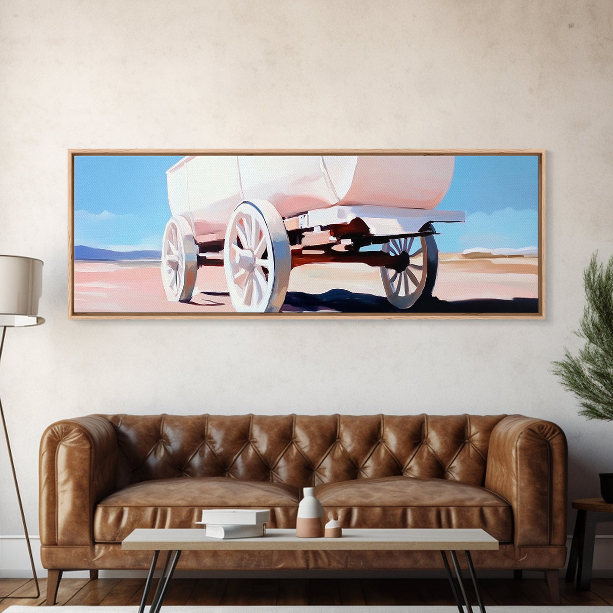 White Wagon, western painting, rustic art, farmhouse wall art, above couch art, cowboy decor, panoramic painting, canvas print, extra wide art