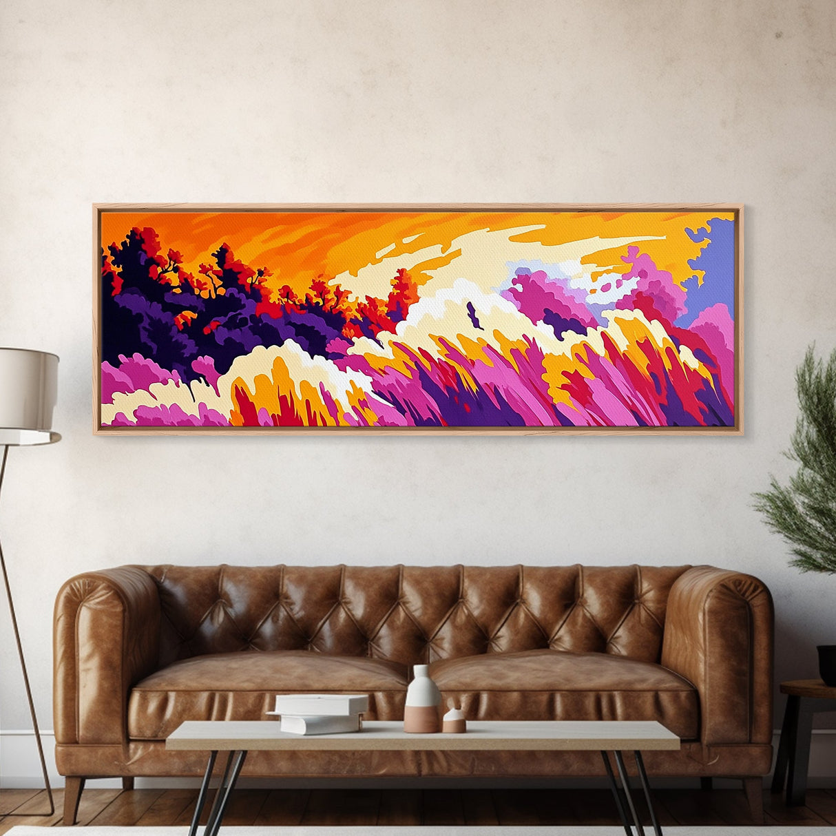 Wildflower Meadow, pink orange wall art, landscape painting, Joshua tree art, boho art, southwest wall art, Canvas Print, gift idea