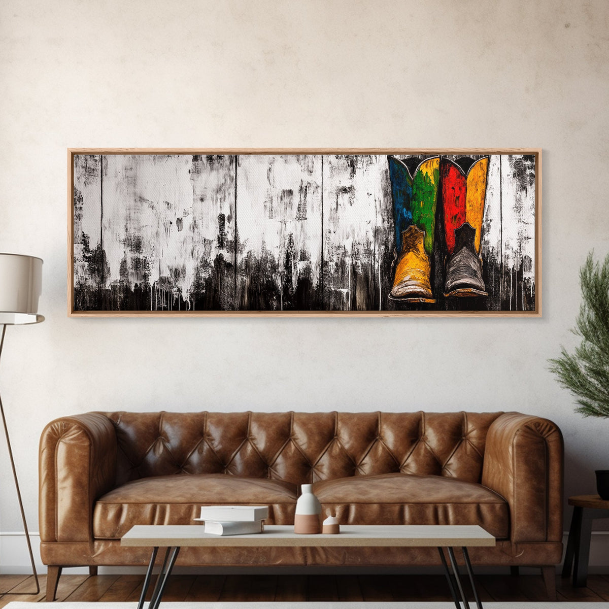 Western Boots, black cowgirl painting, rustic decor, farmhouse art, extra wide art, chicano art, Canvas Print, unique gift idea