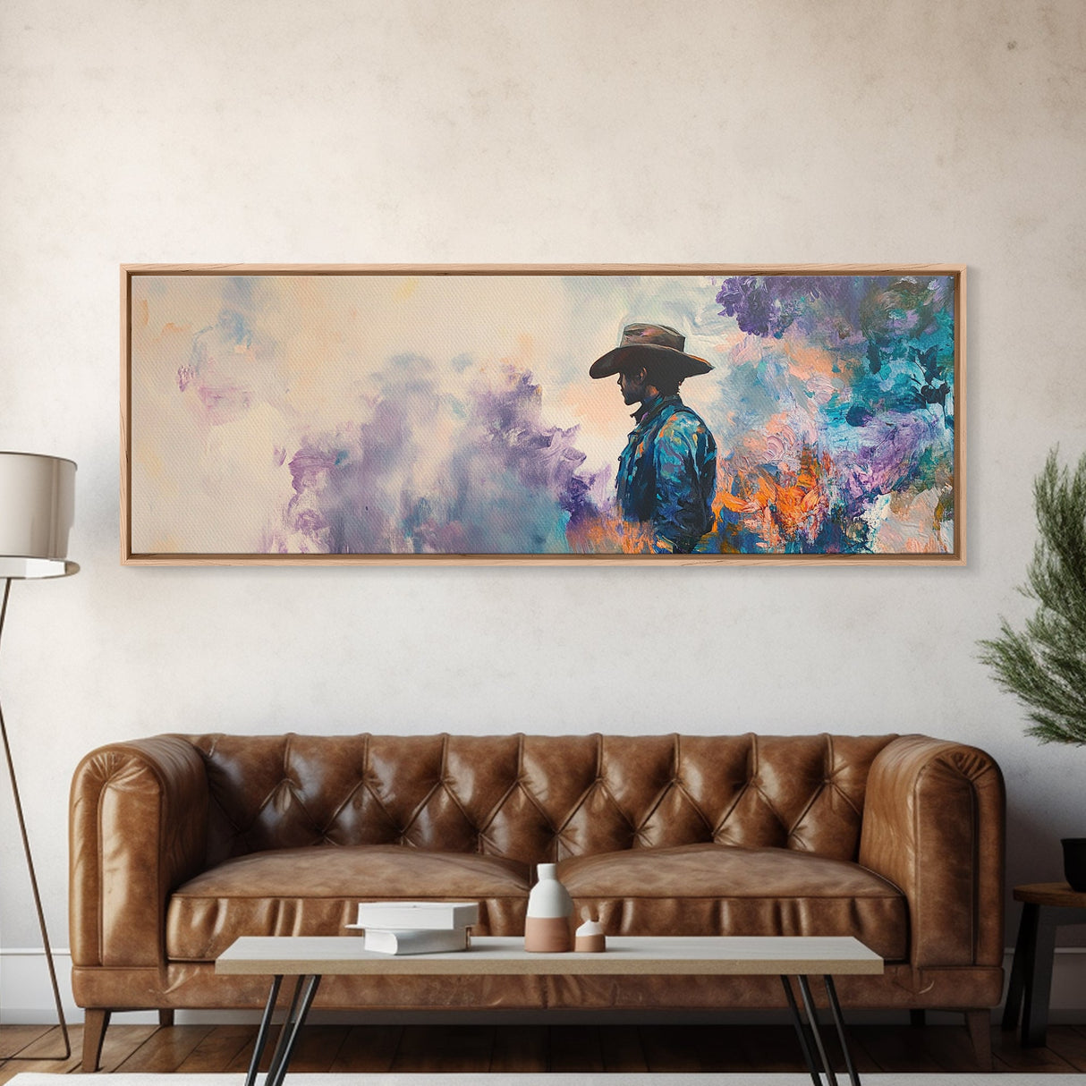 Lone Cowboy Painting, Panoramic Art, Rustic Decor, Framed Canvas Print, Blue and Green Wall Art, Moody Art, Southwest Wall Art