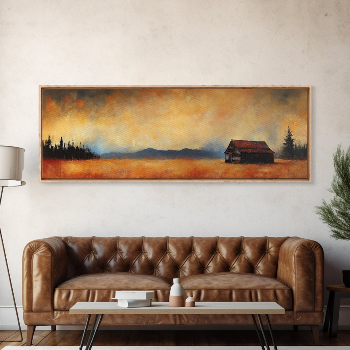 Rustic Wall Art, Framed Canvas Print, Barn Landscape Oil Painting, Moody Art, Extra Wide Art, Fall Decor, Living Room Art, Above Couch Art