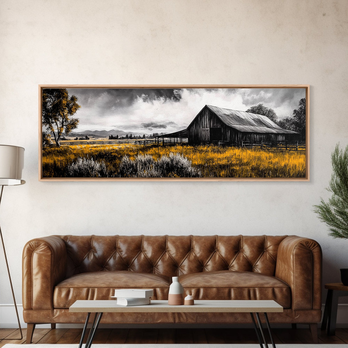 Western Ranch, barn landscape oil painting, rustic decor, farmhouse art, extra wide art, framed canvas print, above couch wall art