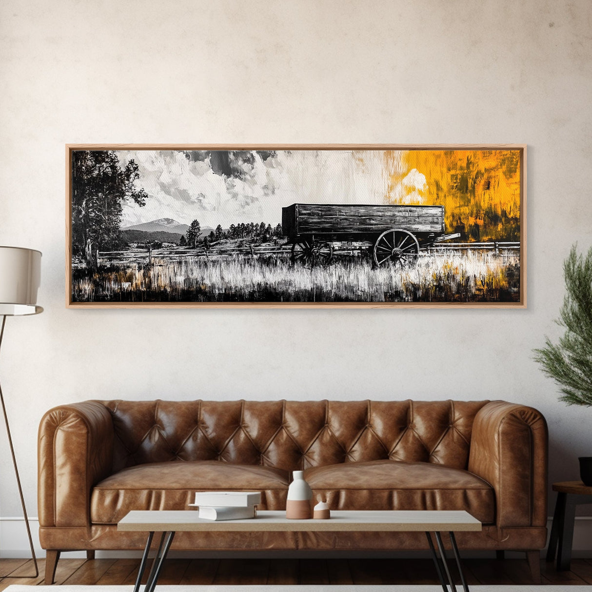 Vintage wooden wagon, rustic wall art, barn landscape oil painting, black and white art, extra wide art, framed canvas print, farmhouse art