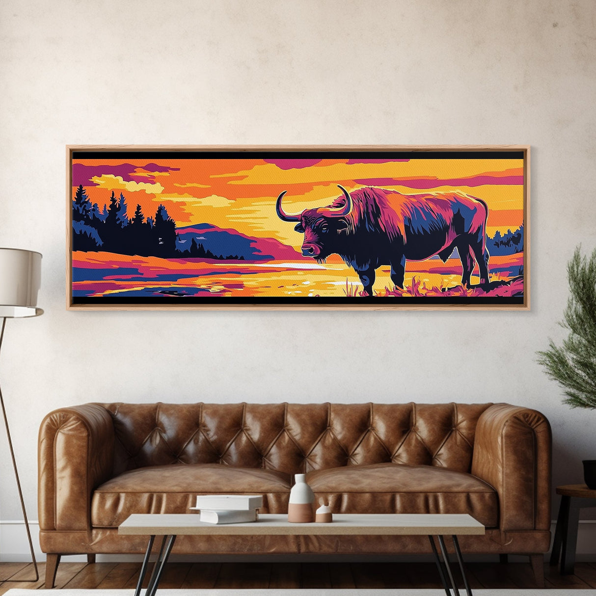 Buffalo painting, colorful animal art, rustic decor, extra wide art, framed canvas print, southwest wall art, landscape painting, wild west art