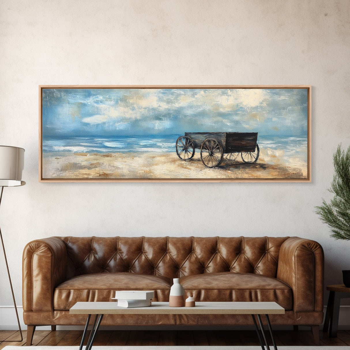 Western Wagon, desert art, cowboy decor, sunset painting, southwest wall art, extra wide panoramic art, framed canvas print