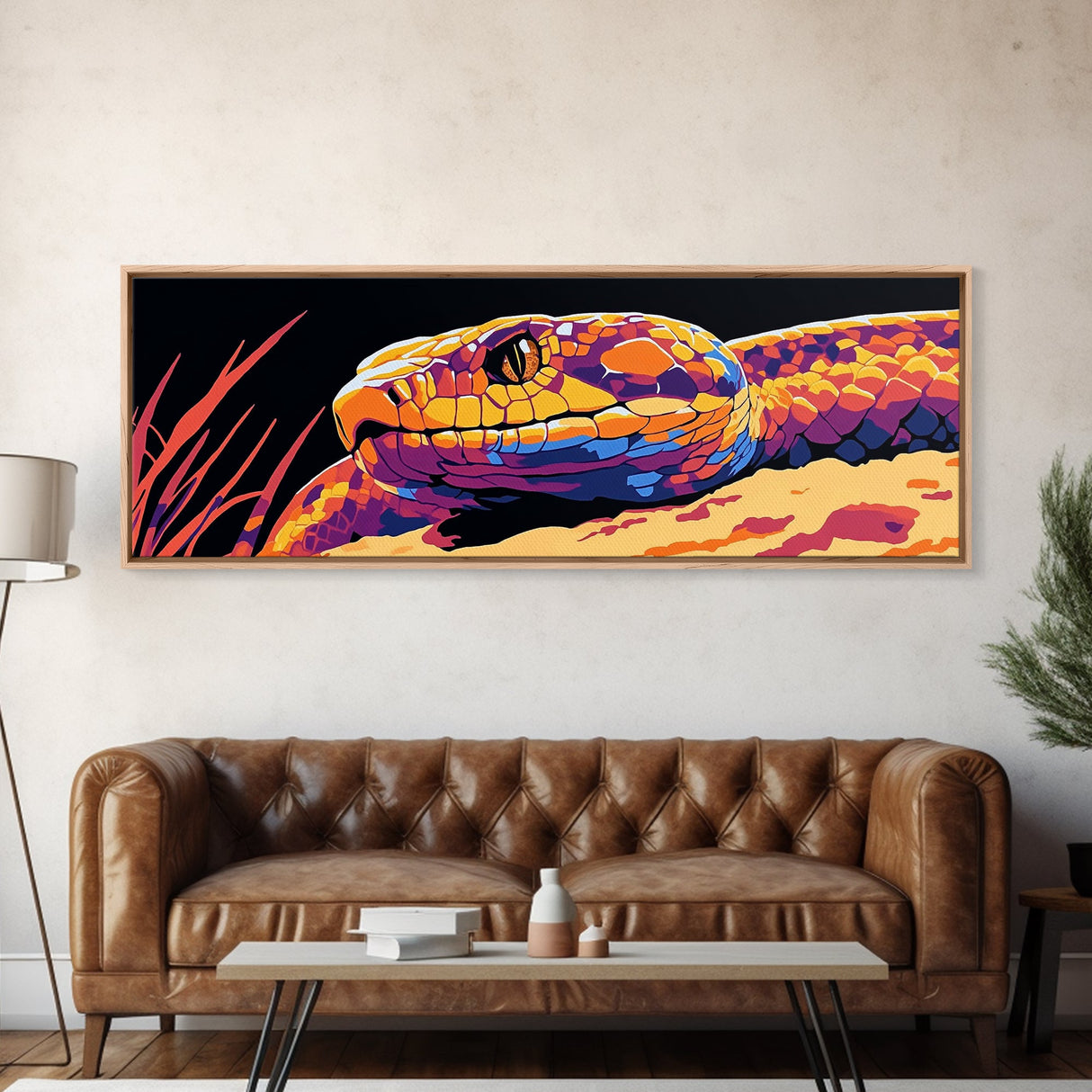 Pop Art Snake, colorful reptile painting, chicano art, pop art wall decor, wild animal painting, extra wide art, framed canvas print