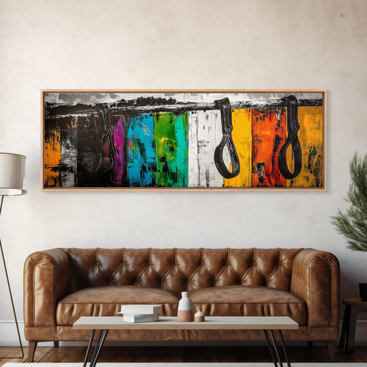 Western Leather, geometric wall art, blotter art, extra wide art, rustic wall art, panoramic painting, Framed Canvas Print, wabi sabi art