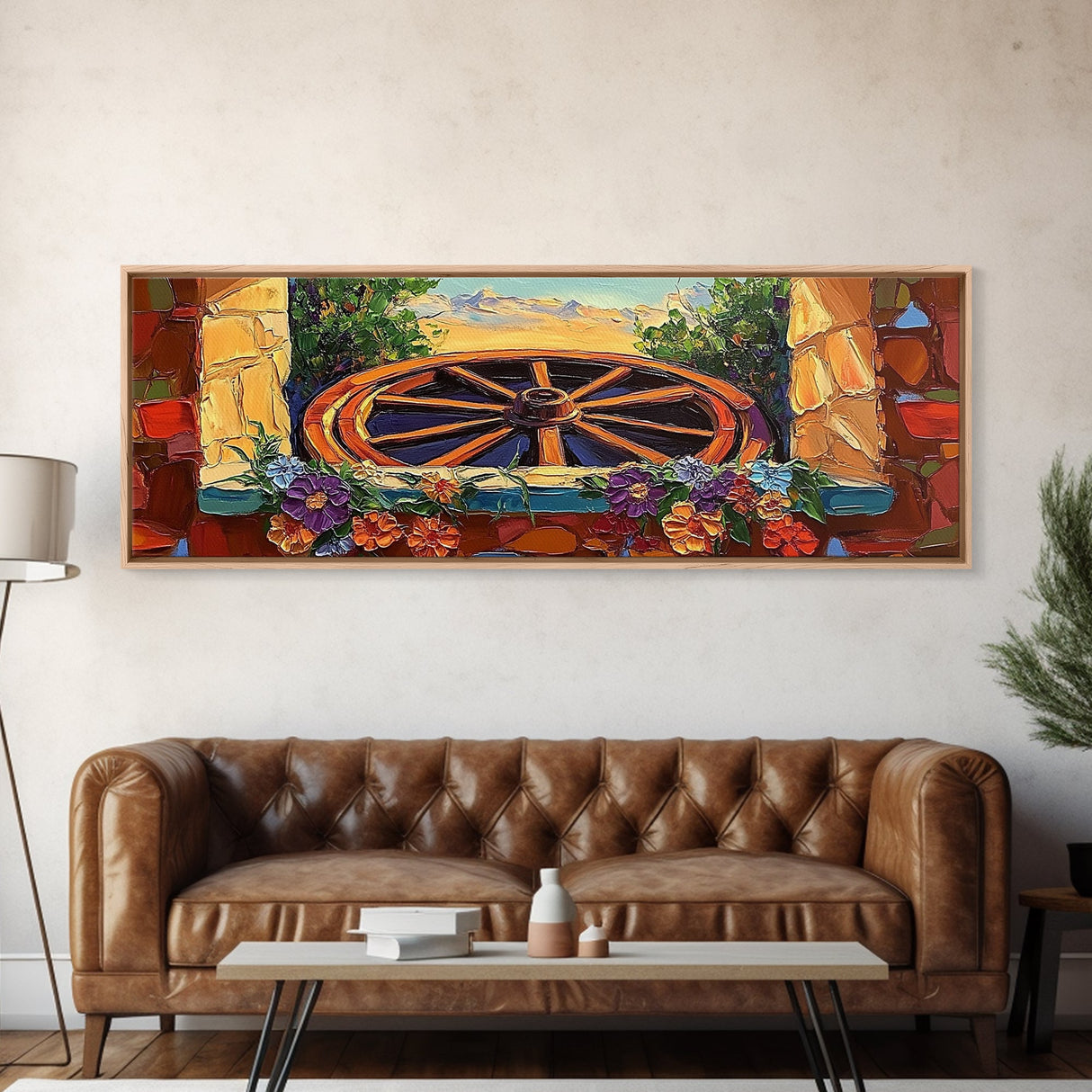 Rustic Wagon Wheel, farmhouse art, southwest wall art, wildflower painting, boho art, extra wide art, framed canvas print, landscape painting