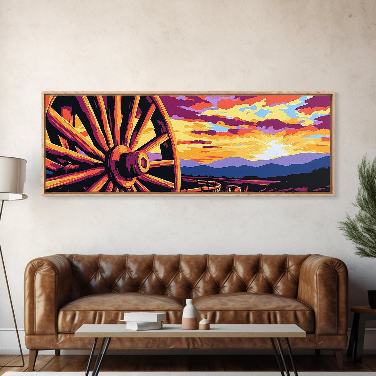 Vibrant Wagon Sunset, pink abstract art, poppy wall art, boho art, panoramic painting, extra wide art, framed canvas print, vintage wall art