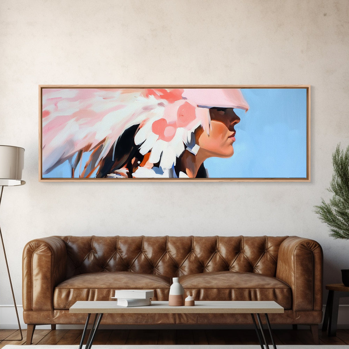Pink Headdress, modern portrait, southwest wall art, moody art, framed canvas print, light pink wall art, gift idea for her