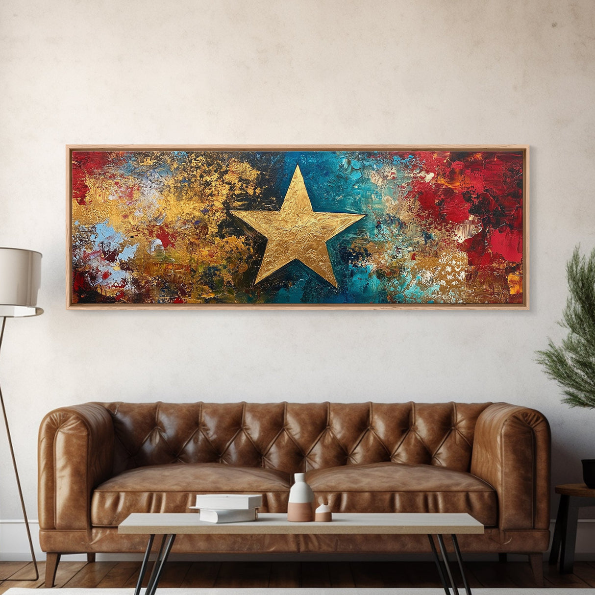 Golden Star, abstract art, bold colors, textured wall art, framed canvas print, mosaic wall art, extra wide art, above couch art