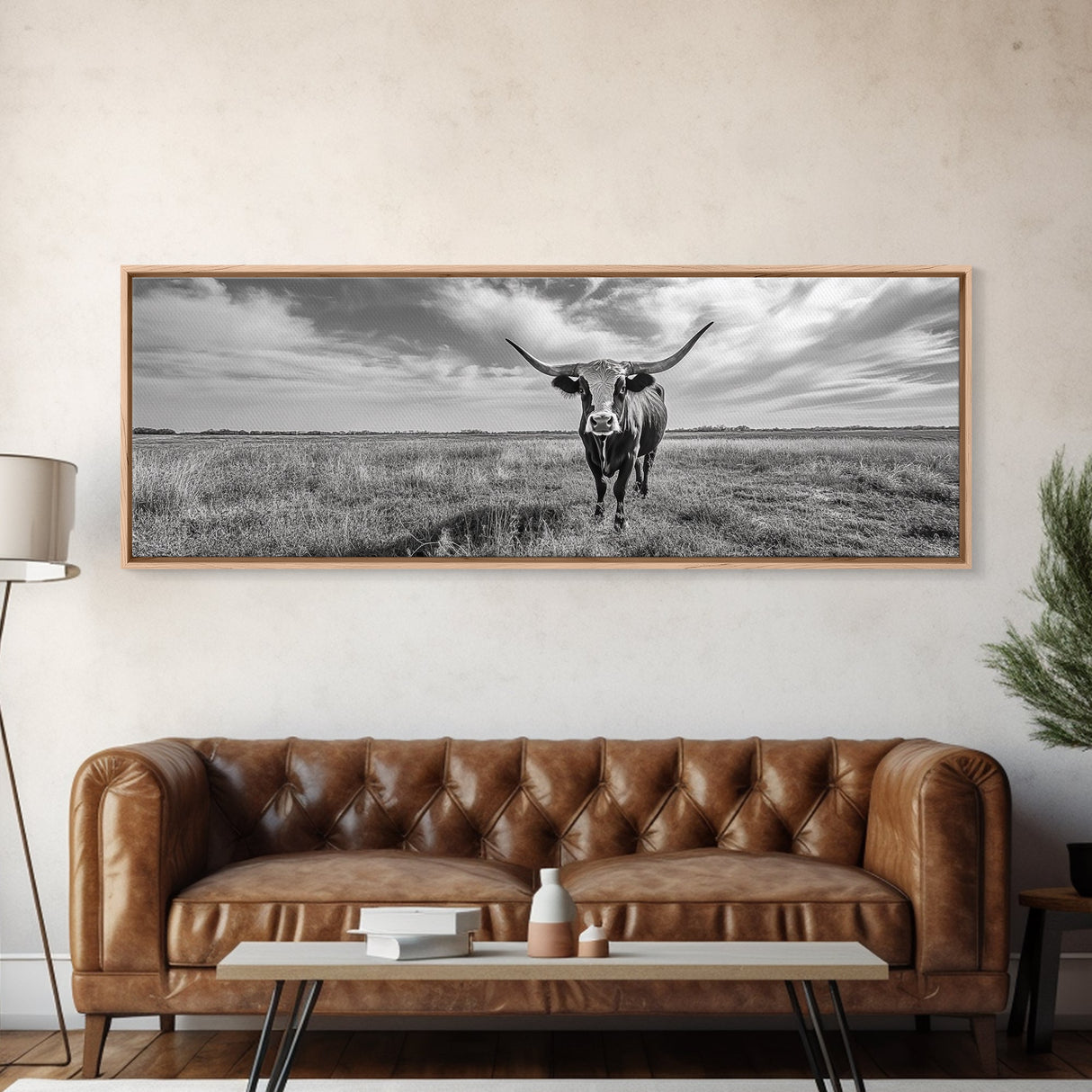 Texas Longhorn, Rustic Wall Art, Canvas Print, Farmhouse Art, Western Decor, Above Bed Art, Extra Wide Art, Moody Black And White Art