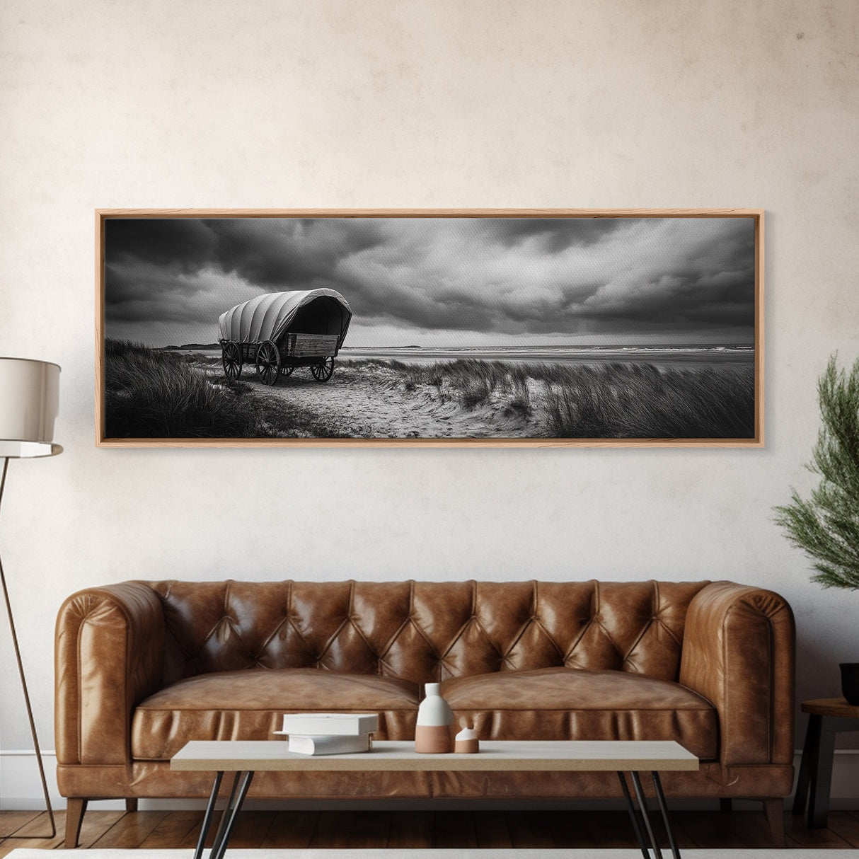 Covered Wagon, coastal cowgirl wall art, rustic decor, farmhouse art, long narrow wall art, framed canvas print, extra wide art