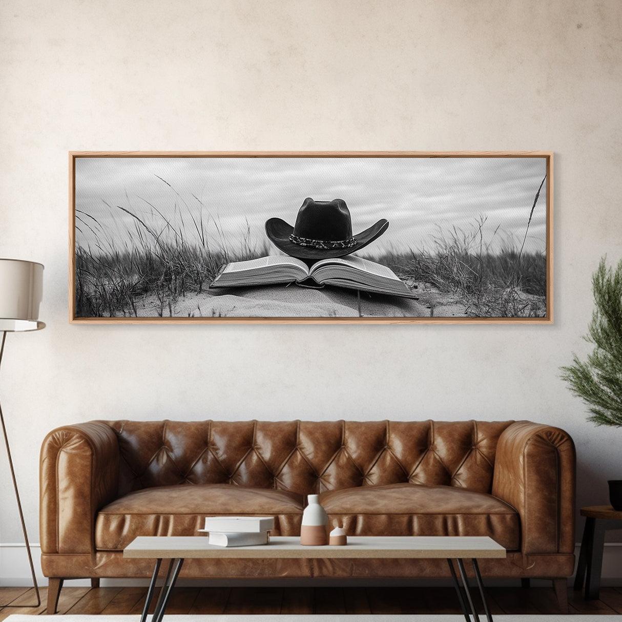 Cowboy Hat, wabi sabi art, rustic decor, farmhouse art, moody art, extra wide art, coastal wall art, framed canvas print, boho art