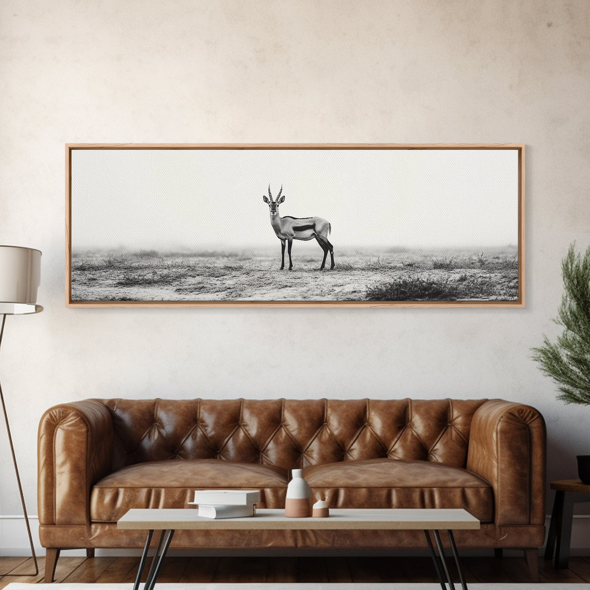 Lone Gazelle, moody art, southwest wall art, extra wide art, wabi sabi art, minimalist art, framed canvas print, panoramic painting
